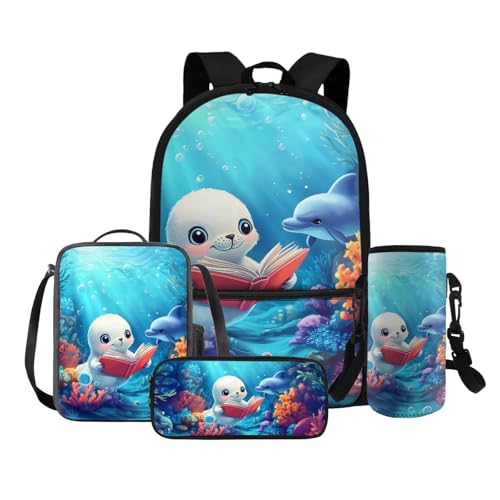 Cozeyat Book Seal Boys Backpack 5-6 with Insulated Lunch Box Lightweight Schoolbag Kids Bookbag for Preschool Elementary School Travel Book Bag Caual Daypack Rucksack Students Back to School Gifts
