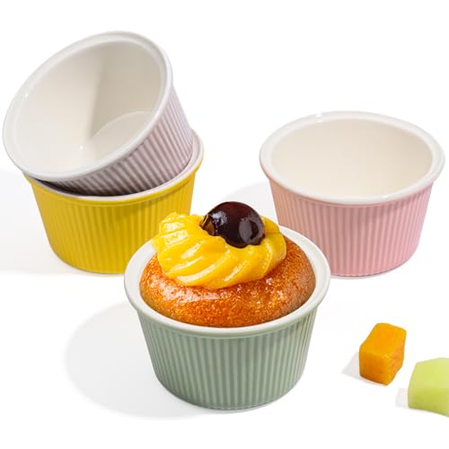 Banaone 4pcs Soufflé Molds, RomáNticos Cuencos De PudíN De Crema Francesa, PequeñAs Cazuelitas Individuales En Color Macaron Para Hornear En La Cocina, Se Puede Utilizar Para Pastel, PudíN, Helado
