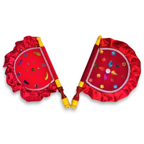Image of Wooden Handcrafted Hand Fan /Beejna Pankha with Valvet Cloth, Royal /Punjabi Hand-Fan with Wooden Handle for Home Decor & Travel use - Red