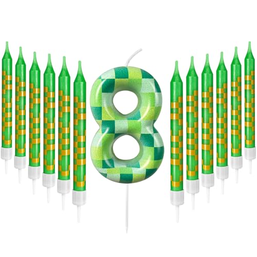Zlongron 13 Pieces Birthday Cake Candles, Green Pixel Theme Birthday Candles, Suitable for Boys and Girls Birthdays, Gatherings, Parties, Celebrations Good Decoration Supplies (Number 8)