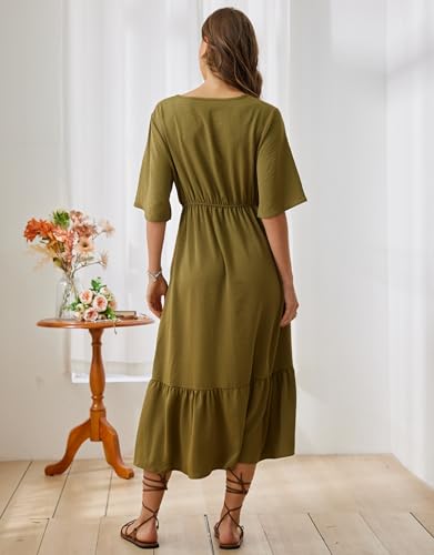 Image of Women's Summer Short Sleeve Maxi Floral Flowy Dresses with Pockets