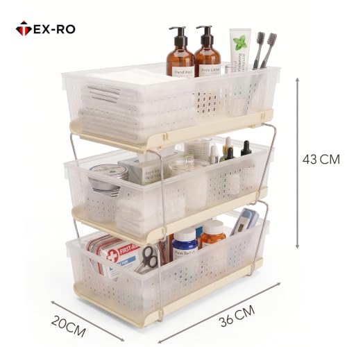 Image of TEX-RO Stackable Storage Baskets Organizer - 3 Tier Multipurpose Plastic Storage Rack with Stainless Steel Support Rods for Bathroom, Vanity, Wardrobe & Under Sink Storage (Clear /Beige)
