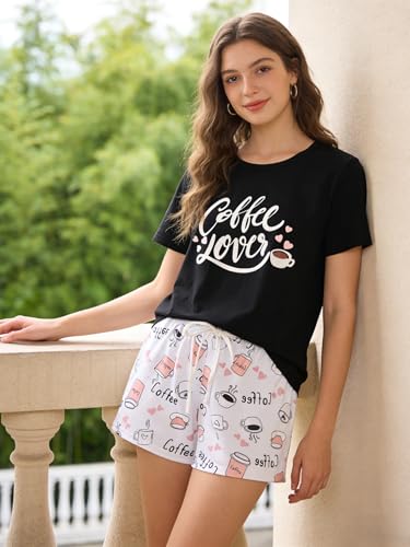 Image of VENTELAN Pajama Set For Women Cute PJS Summer Short Sleeve Shorts Sleepwear
