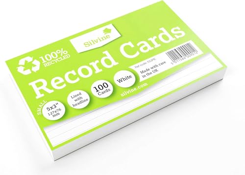 Image of Silvine 5x3 100% Recycled Flash Cards - Lined (100 Cards) White (Pack of 5)