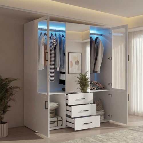 TDRTRD Armoire de Chambre avec Barre de Suspension et Tiroirs, Armoire Dressing avec LED et Portes Vitrées, Grande Armoire de Rangement pour Chambres à Coucher, Salons...