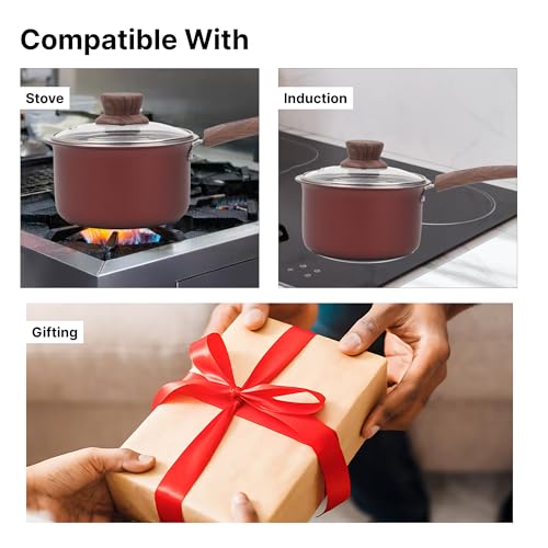 Image of The Better Home 2.5mm Triply Saucepan (1.4L-16cm) with Glass Lid | Tryply Aluminium Kadai with Heavy Bottom | Gas & Induction Kadhai for Deep Frying (Red Saucepan)