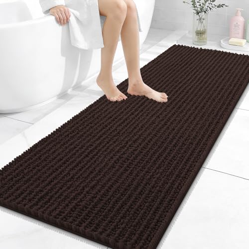 Image of OLANLY Long Bathroom Rugs Runner 59x24, Thick Soft and Absorbent Chenille Bath Mat, Non-Slip, Machine Washable Quick Dry Bath Rugs for Tub Shower Floor, Home Decor Accessories, Brown