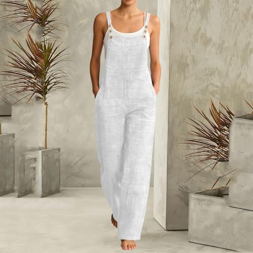 Peto para mujer de verano largo mono holgado de lino ligero con tirantes ajustables y bolsillos 2