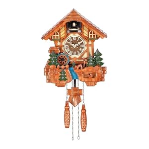 Kintrot Cuckoo Clock for Wall, Handcrafted Wooden Tratditonal Black Forest Chalet Clock with Cute Singing Bird, Rotatable Waterwheel,Squirrel,Deers and 12 Melodies