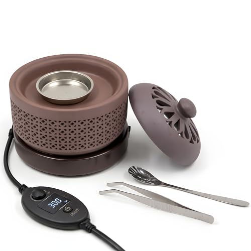 Ceramic Electric Incense Burner with Temperature Control Timer & Night Light Bakhoor & Resin Warmer (Brown)
