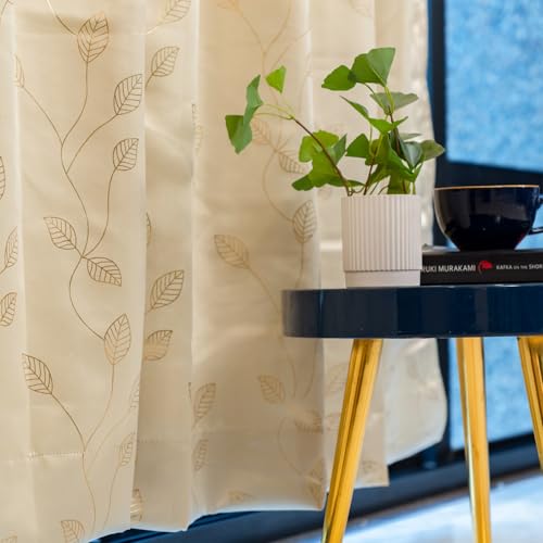 Image of Urban Space 80-85% True Blackout Curtains for Door, Gold Foil Printed Blackout Curtains, Blackout Decorative Door Curtain Eyelet with Tieback, 1 Piece Curtain for Living Room(Leaf Beige, 7 Feet)
