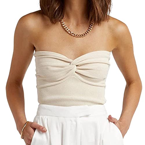 Haut Court d'été sans Bretelles pour Femmes Bustier Bandeau Tops Sexy Été Tunique sans Manches Vest T-Shirt avec Nœud Torsadé Avant Lavage en Machine(M-Abricot) Cover
