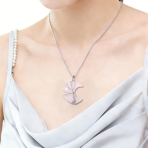 Image of XIANNVXI Tree of Life Wire Wrapped Crescent Moon Pendant Necklace Reiki Healing Crystal Stone Necklaces Natural Gemstone Quartz Jewelry for Women