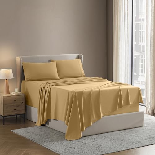 Image of Nestl Queen Bed Sheet Set - Camel Gold - 4-Piece Deep Pocket | Instantly Soft, Night-One Ready (No Wash Required). Fits 16-Inch Deep Pockets, 360-Degree Elastic Grip