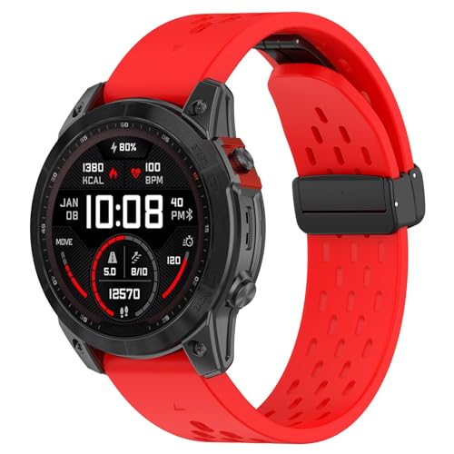 DKEnjoy Silicone Quick Release Watch Band with Magnetic Buckle Compatible for Garmin Fenix 7/Fenix 6/6 Pro/Fenix 5/5 Plus/Epix 2 Strap, Replacement for Forerunner 935/945/Approach s60/S62/Quatix 5/6 (Red)