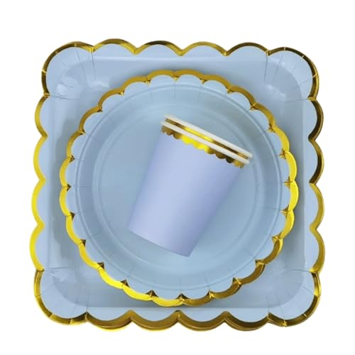 La Mejor Lista de Vajillas desechables del mes. 42 30 piezas de vajilla de papel de colores sólidos con plato redondo, plato cuadrado, tazas, adecuado para cumpleaños, fiestas temáticas, reuniones familiares, etc.(Azul)