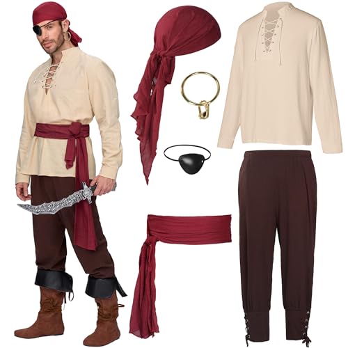 Spooktacular Creations 6 Pcs Men Pirate Costume, Men Renaissance Medieval Viking Pirate Costume with...
