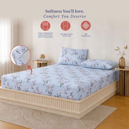 Image of Jaipur Weaves Fitted Bedsheet Queen Size 100% Pure Cotton Bed Sheet with 2 Pillow Covers, 240 TC Premium Bedding Set, 60x78 inches, Super Soft Cozy(Spring Tulips Blue)