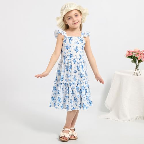 Girls Summer Floral Dresses Tie Back Flutter Sleeves Casual Spring Dress for 4-12 Years4