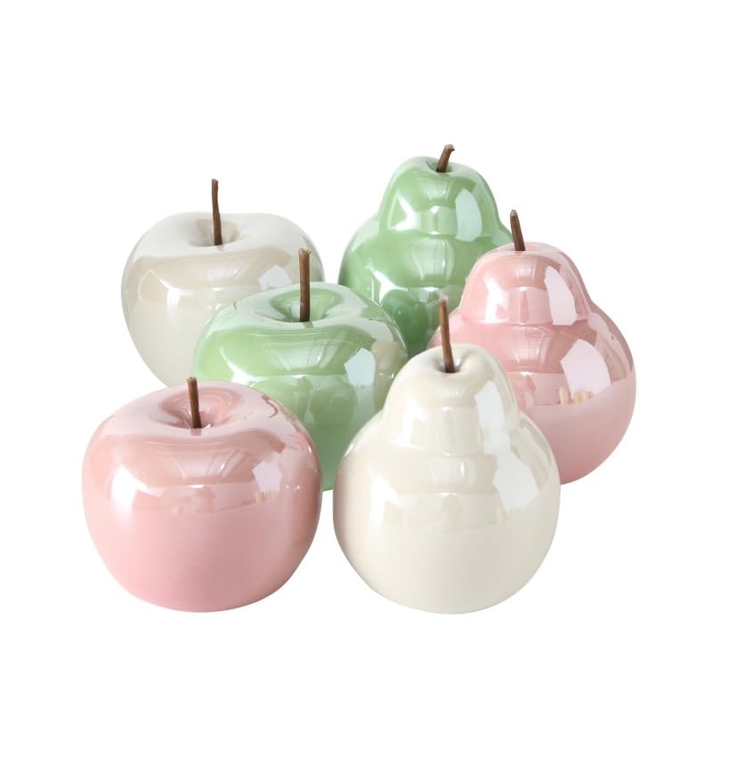 RiloStore 6er Set Deko Apfel Birne Dekoapfel Obst Früchte Äpfel Birnen nr2721 Dekoobjekt Keramik 10cm Stillleben Herbstdeko grün rosa Weiss Creme