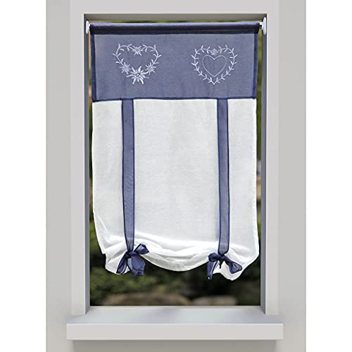 SMITHOOM 1 Panel Roman Curtain Liftable Tie Up Transparent Roman Blind with Solid Stripes Soft Voile Balloon Shades Valances for Living Room Cafe Kitchen Balcony Bathroom, 17.7x35.4in, Blue