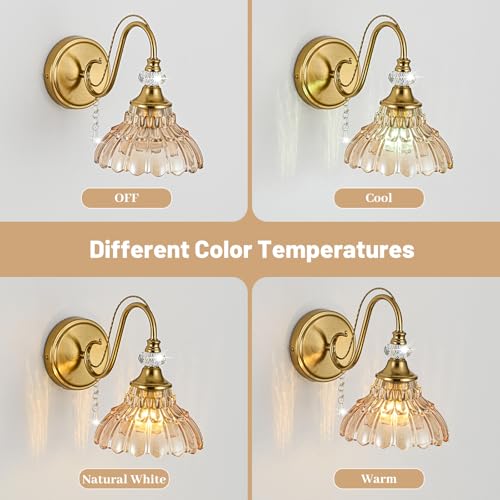 Image of 1 Piece Vintage Wall Sconce, 1-Light Brushed Gold Finish Wall Sconce with Hanging Crystal Accents and Flower-Shaped Amber Shades for Bathroom Bedroom Living Room,Vintage Vanity Light