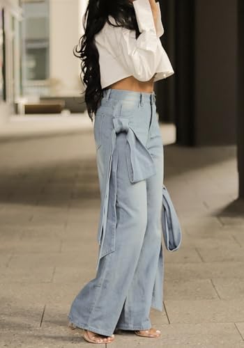 Vaceky Bow Tie Jeans Women Y2K High Waisted Straight Leg Trendy Denim Pants3