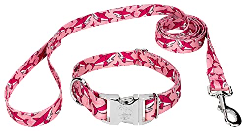Country Brook Petz - Premium Pink Sharks Dog Collar and Leash - Critter Corner Collection Featuring Creature Themed Designs (5/8 Inch, Small)