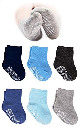 Toddler Boys Non Skid Socks Grip Ankle Socks 6 Pack, Baby Anti Slip Crew Socks for Toddlers Boys Girls Infants Kids (Blue, 6-12M)