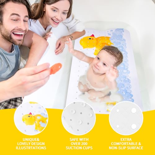 Image of PRATIQUE Kids Bath Mat for Tub Non Slip，40 X 16 Inch Extra Long Kids Bathtub Mat Duck Print Bathtub Shower Mat Safety Anti Slip with Suction Cups and Drain Holes, Machine Washable