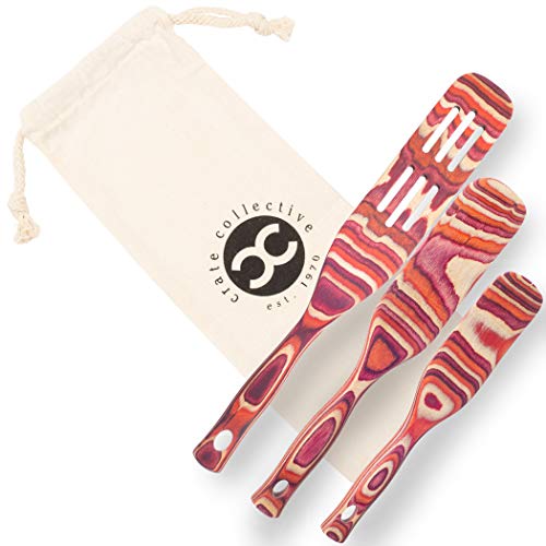 Crate Collective Pakkawood Kitchen Utensil Set - 3 Piece Cookware Set with Slotted Spatula & Spurtle - Non Stick, Eco Friendly, Exotic Cooking Utensils for Kitchen & Gifts (Sunrise)