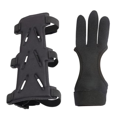 Archery Arm Guard & 3-Finger Glove Set for Women Men Adjustable Black Forearm Protector with Leather-Padded Shooting Glove 2Pcs Protective Gears for Hunting Shooting Beginners Target Practice