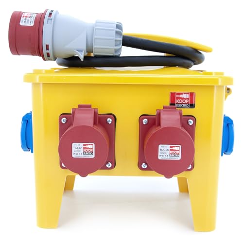 KOOP Elektro Baustellenverteiler-Box mit FI/LS, Verteiler tragbar 7 Ausgänge (1 x CEE 32A / 2 x CEE 16A / 4 x 230V), mobiler Stromverteiler IP44 mit 1,5m Leitung H07RN-F 5G 4,0mm² für Außenbereich