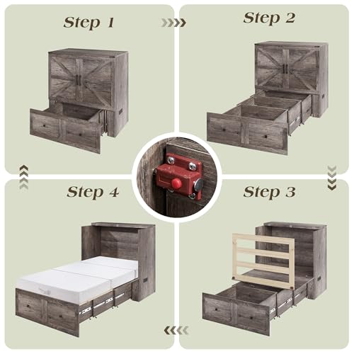 Image of LUXOAK Twin Murphy Bed with 6 inch Tri-Fold Memory Foam Mattress, Storage Drawer & Charging Station, Space-Saving Design for Home Office or Guest Room, Rustic Grey