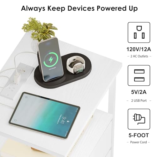 Fixwal White Night Stand with Charging Station, Bedroom Nightstand with Fabric Drawers, Bedside Table with PU Finish - Image 5