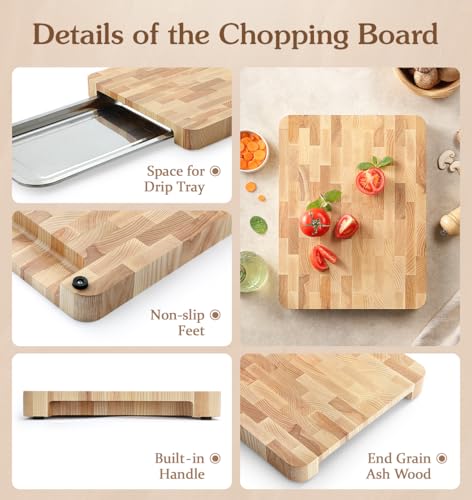 HEZHEN Ashwood Cutting Board, End Wood Grain Chopper Board, Built-in Handle, Space for Drip Tray, Multifunctional Serving Board Serving Tray - Image 3
