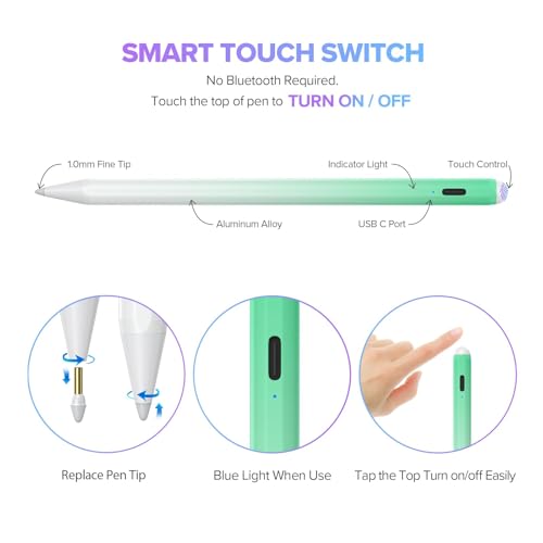Image of JAMJAKE Stylus Pen for iPad 11th&10th Generation - 2X Fast Charge Active Pencil Compatible with 2018-2025 Apple iPad Pro 11 inch /12.9 inch /M4, iPad Air 3 /4 /5 /M2 /M3, iPad 6-11, iPad mini 5 /6 Gen - White Green