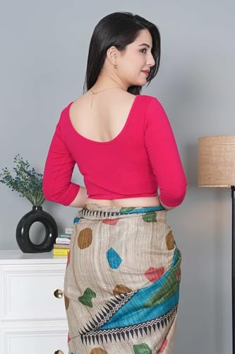 Image of Mlada V-Neck Stretchable Saree Blouse Top for Women | Slim Fit 3 /4th Sleeves Solid Cotton Blouses | Readymade Saree Blouses for Women Festive & Ethnic | Blouse Crop Top