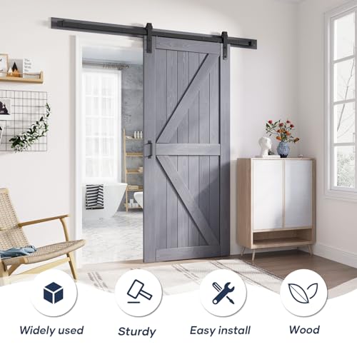Image of FREDBECK Barn Door 34 x 84 Grey Wood Interior Door, Fit 30 inch-32 inch Opening
