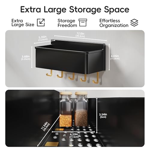 Image of Magnetic Spice Rack for Refrigerator Large Magnet Shelf for Fridge Kitchen Organizer and Storage with 5 Removable Golden Hooks