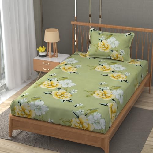 Image of Vram Premium Heavy Cotton Flat Bedsheets with 1 King Size Pillow Covers || Single Bed 350 TC || 60 x 90 Inch Single Size Flat || :- Light Green Flower