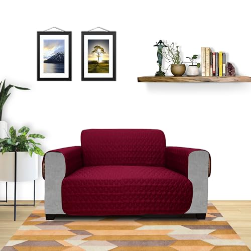 Image of Lithara 3 Layers Soft Quilted Reversible Sofa Cover 2 Seater with Pockets | Dust Protective Quilted Fabric Sofa Seat Cover Beige & Maroon