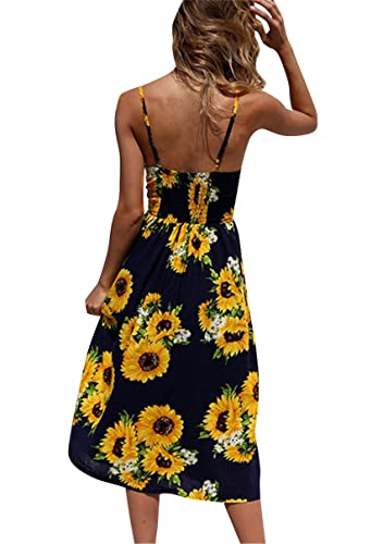 Image of YMING Womens Summer Spaghetti Strap Dresses Button Down Floral Sundress High Waist Swing Midi Dress with Pockets