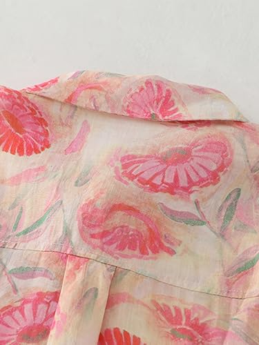 Image of Womens Cotton Floral Button Down Shirt Lightweight Long Sleeve Casual Blouse Collared Top with Pink Flower Print for Office Wear Daily Outfits Travel Brunch and Comfortable Everyday Use