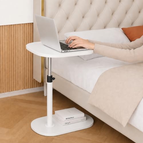 Image of Adjustable Table Stands Couch Side Table, Swivel TV Tray Table, 360 Top Moving C-Shaped End Table, Slides Under Couch Side Stand (White)