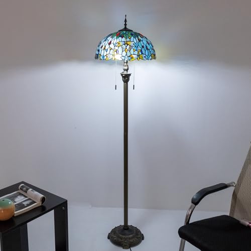 Image of Tiffany Style Floor Lamp, 16 inch Stained Glass Dragonfly Shade with Antique Bronze Base, 2-Light E26 Pull Chain Standing Reading Light for Living Room, Bedroom, UL Listed, 16x16x64 Inches