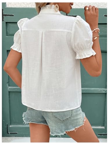 SweatyRocks Women's Puff Sleeve Floral Blouse Embroidered V Neck Button Down Shirt Vacation Top2