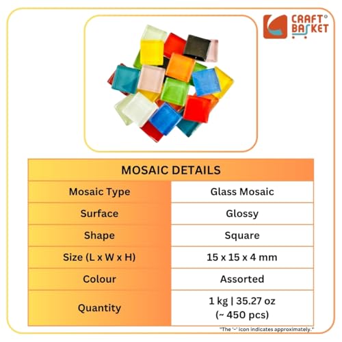 Image of Assorted Colours Glass Mosaic Tiles (20 Variations) (All Packs: 100 g,200 g,1 kg,1 kg), DIY Mosaic Art, Decoration, Crystal Glass Mosaic Tiles (Glossy Square 15 x 15 mm), 1 kg