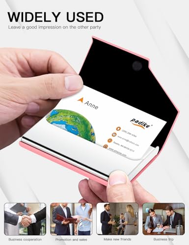 Image of Padike Business Card Holder, PU Leather & Stainless Steel Multi Card Case for Men & Women, Name Card Holder, Credit Card Wallet, ID Case /Holder with Magnetic Closure (Pink)