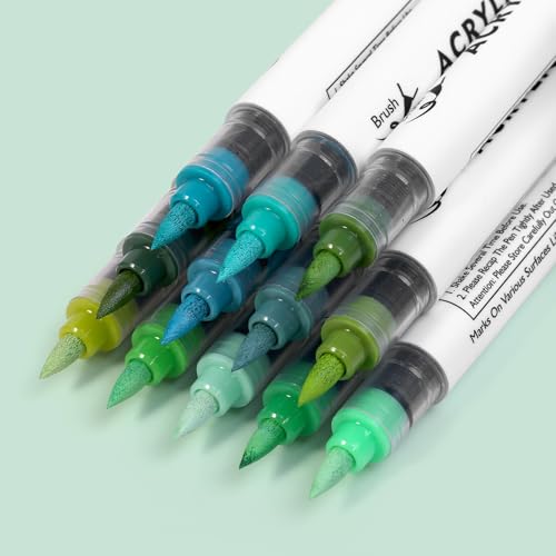 Image of Green Tones Acrylic Paint Pens, 12 Colors Markers Set with Soft Brush & Bullet Tip, for Rock, Painting, Wood, Glass, Ceramic, Canvas, Stone, DIY Crafts, Making Art Supplies, Fabric Paint